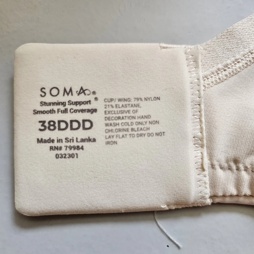 Soma 38DDD Beige Stunning Support Smooth Full Coverage Underwire Bra Stretch